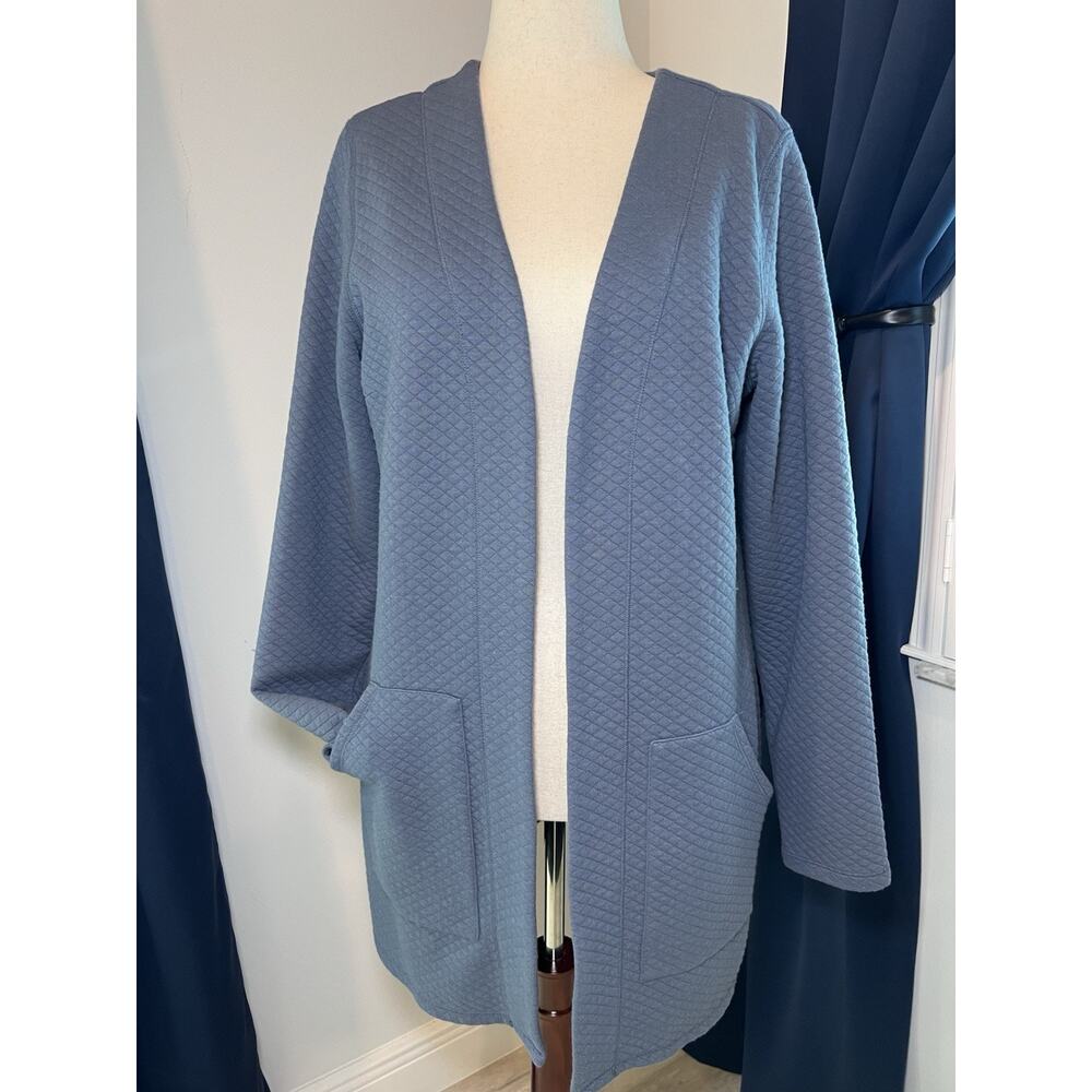 L.L. BEAN (L) Womens Waffle Knit Coatigan Lagenlook Blue Quilted Long Cozy Soft